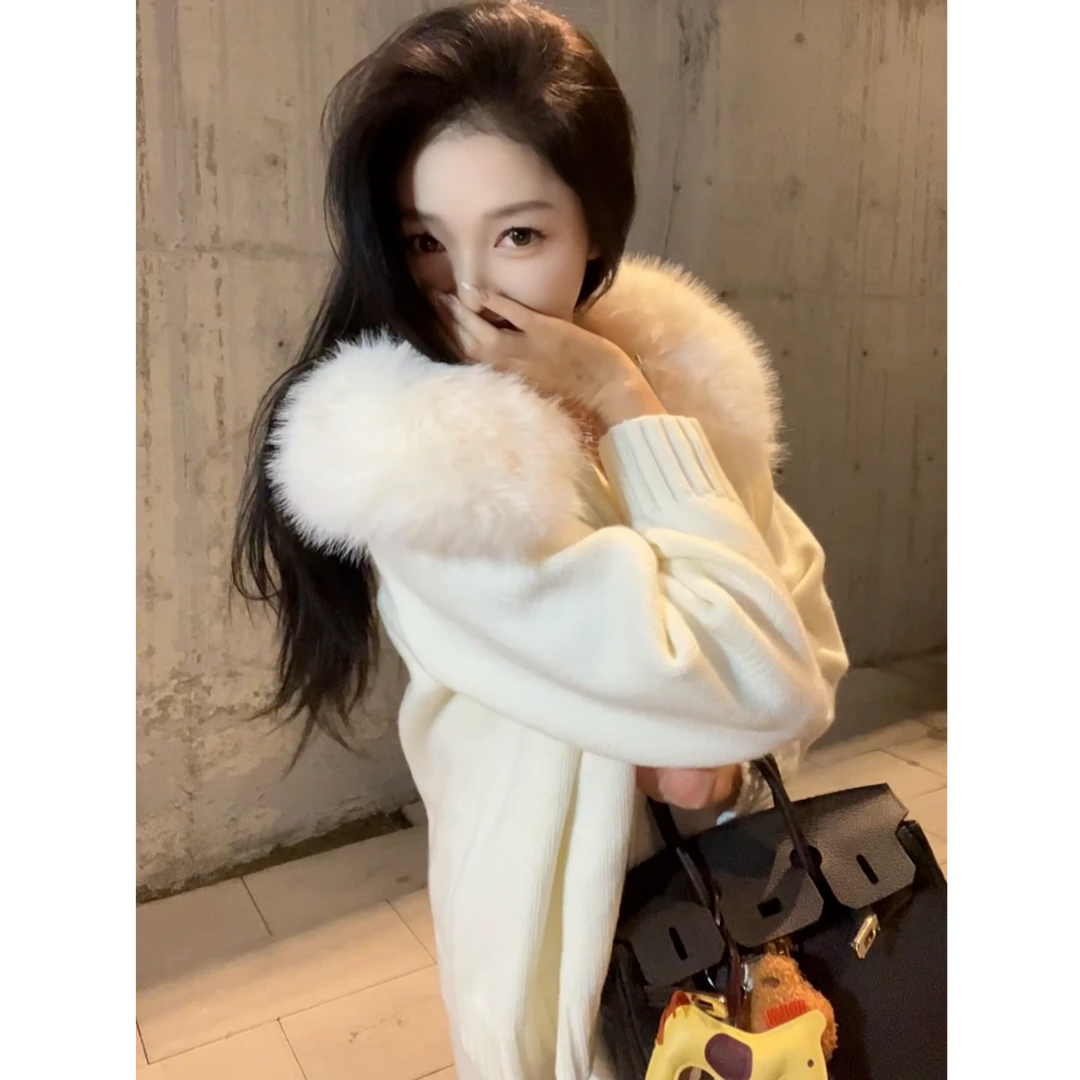 秋冬新款大毛领千金穿搭名媛游鹿鹿周周针织上衣气质穿搭开衫