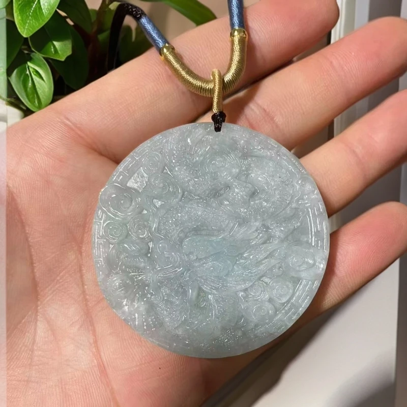 天然玉石 翡翠龙凤呈祥圆牌吊坠