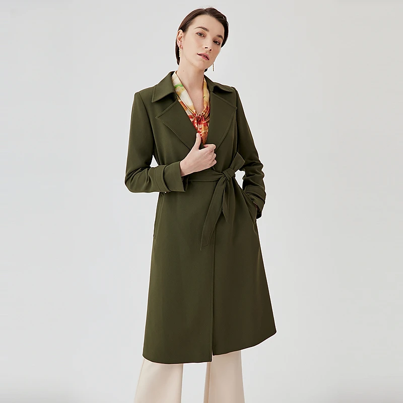 赢智尚新款橄榄绿简约时尚过膝风衣女复古收腰气质通勤ZJ00231