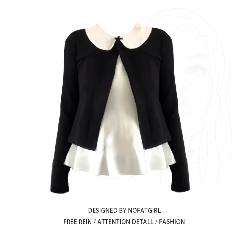 大码胖MM韩系慵懒风娃娃领内搭女早秋新款短款针织开衫减龄两件套