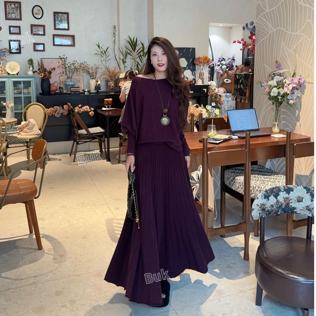 时尚套装休闲风通勤风极简风百搭显瘦垂感羊毛针织蝙蝠衫穿搭套装