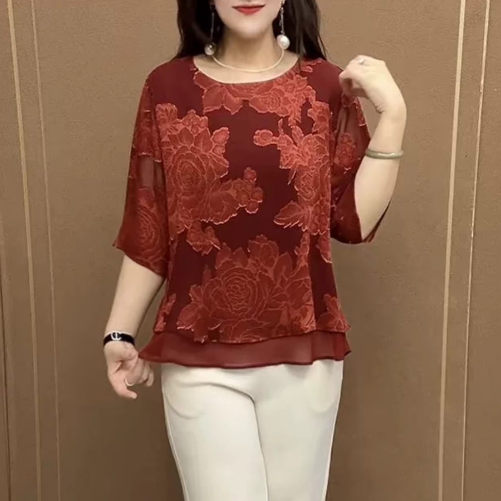 2025夏季新款洋气减龄宽松百搭衫时尚气质国风提花中袖妈妈装上衣