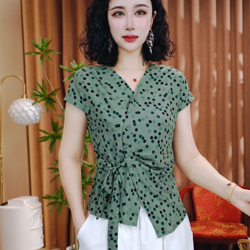 夏季新款休闲洋气短袖气质百搭V领显瘦开衫扣上衣小衫