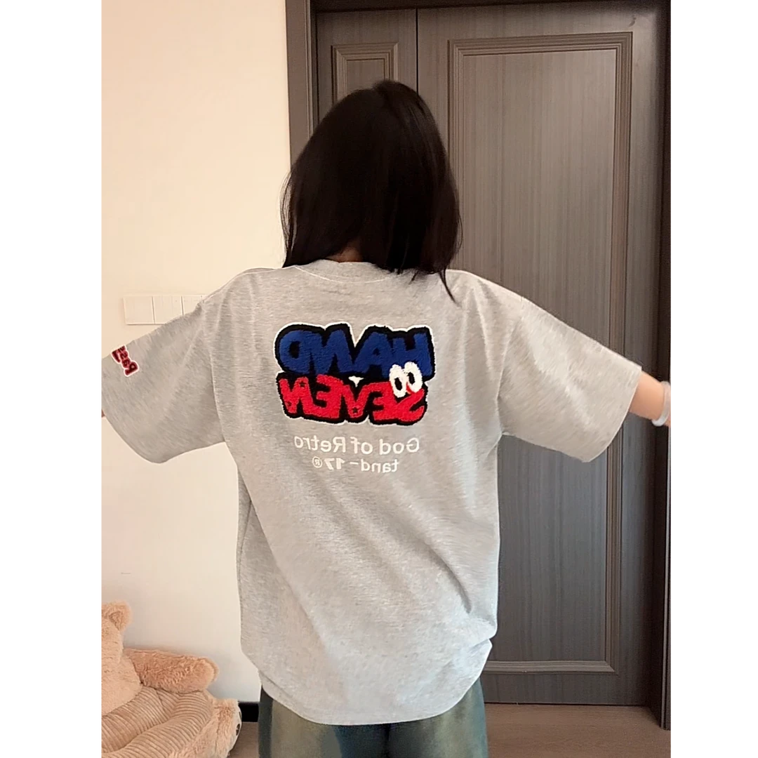 HandSeven重磅宽松圆领美式潮牌刺绣卡通设计感时尚休闲百搭t恤