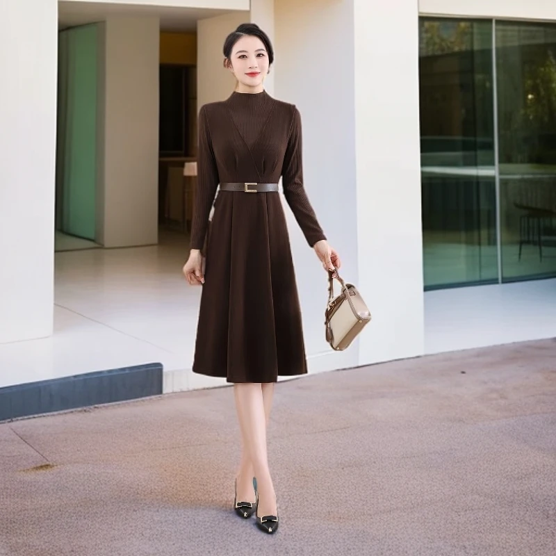 A003#咖【木兮兮专属】2025年春季新款气质高领显瘦百搭时尚连衣裙