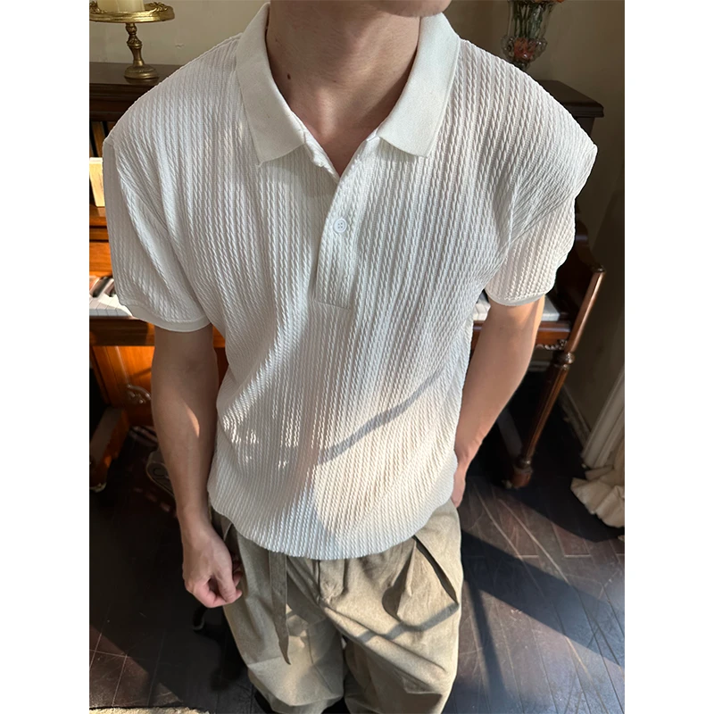 【EME】 夏季新款静奢质感竖条浮雕亨利领Polo短袖T恤Cleanfit简约