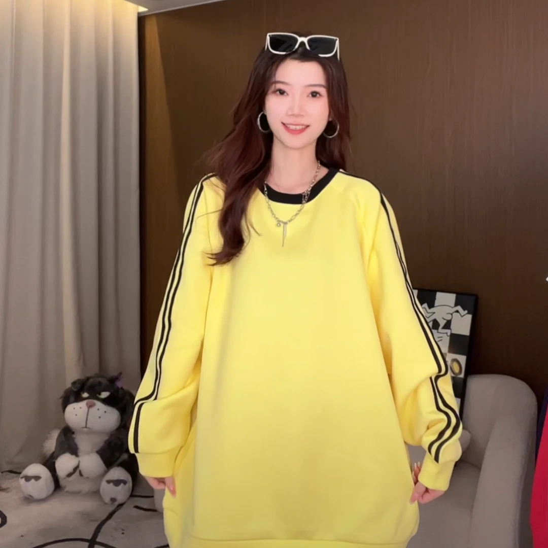 2025秋冬中长款新款遮屁股织带休闲慵宽百搭长袖圆领卫衣70006