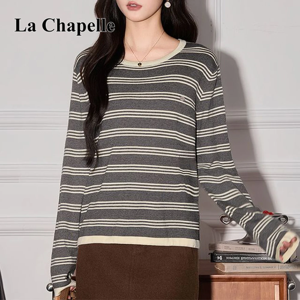 拉夏贝尔秋冬时尚设计感下摆抽绳条纹长袖针织衫女通勤风休闲上衣