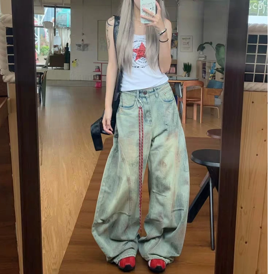 大码美式复古脏染做旧牛仔裤女设计感宽松弯刀阔腿高腰休闲拖地裤