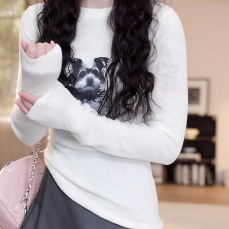 春季新款修身百搭针织衫打底女2025年新款上衣设计感小狗