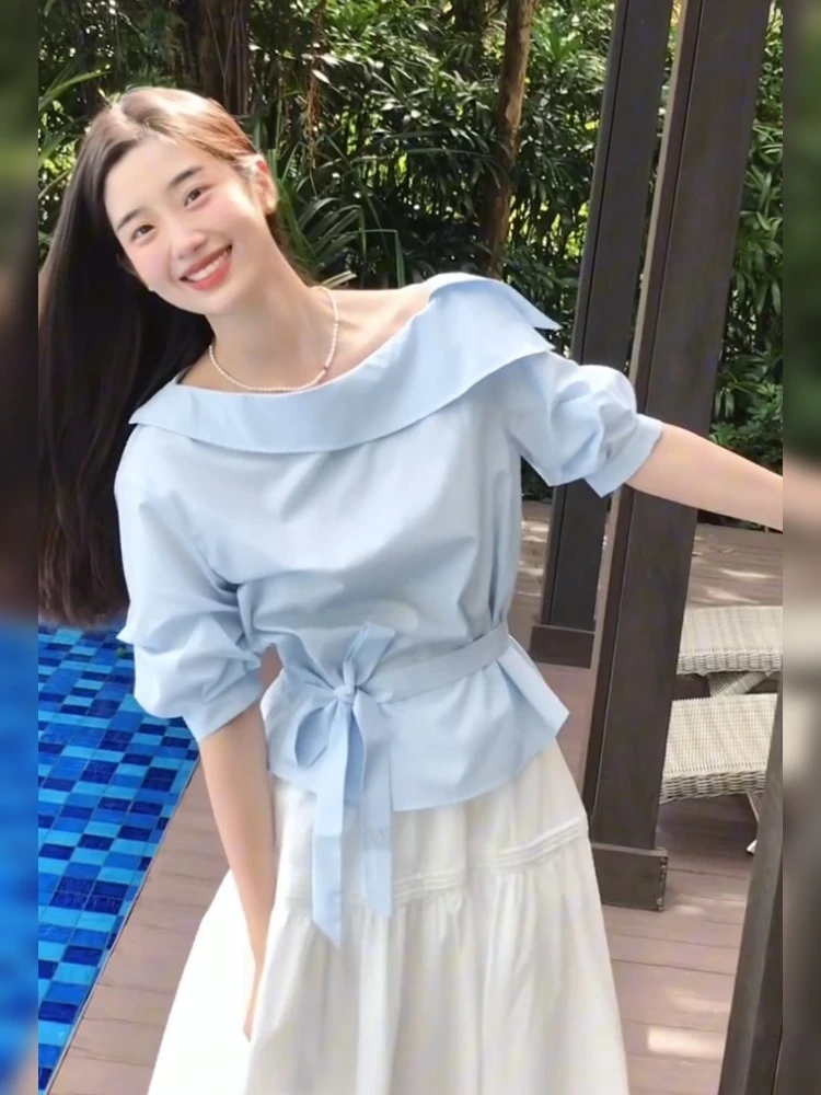 法式复古蓝色斜肩飘带设计感短袖衬衫女休闲宽松慵懒风露肩上衣夏