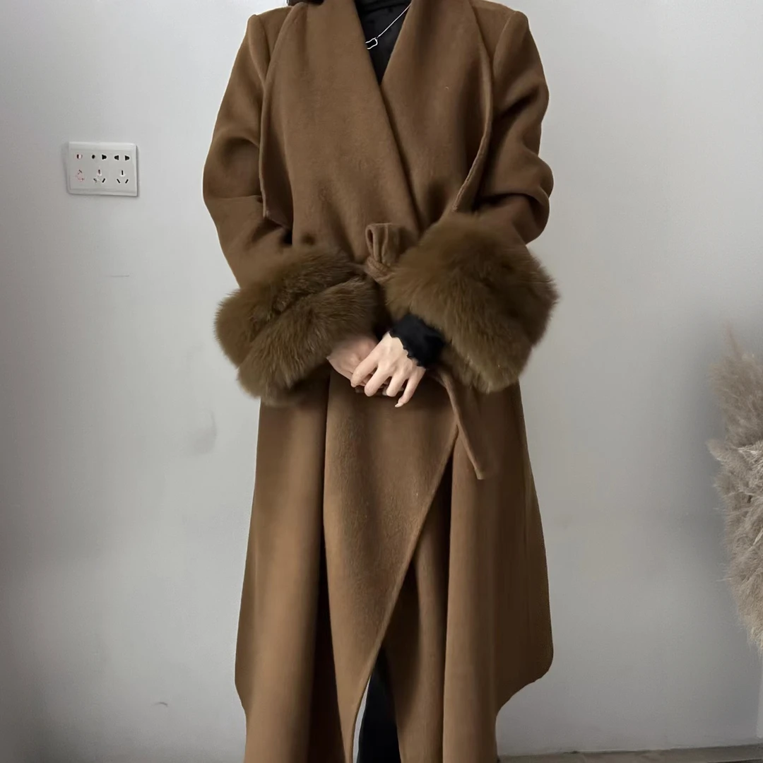 秋冬长款双面大衣女袖大翻领设计时尚百搭显瘦外套