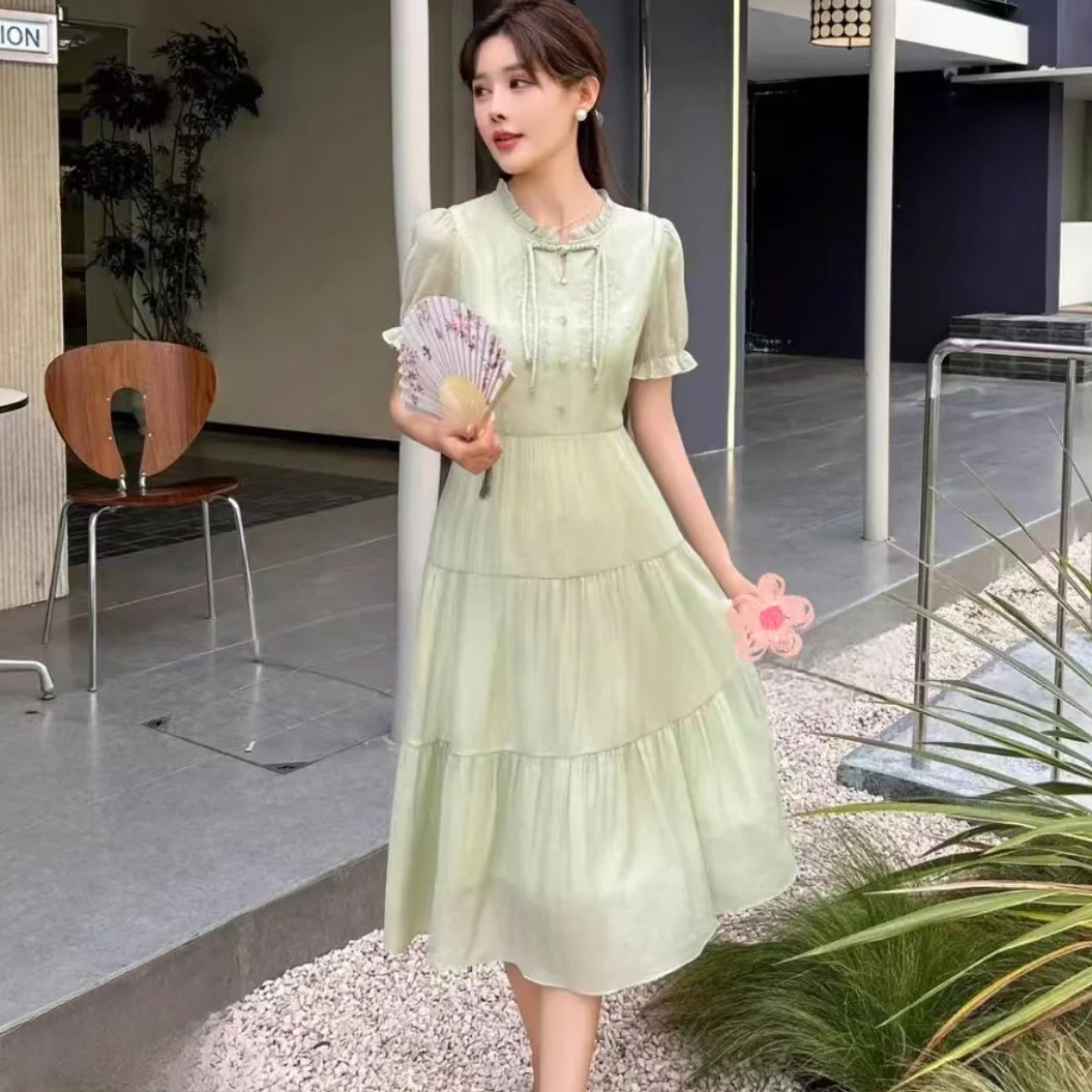 Q216 时尚木耳领盘扣刺绣拼接甜美显瘦优雅连衣裙JR