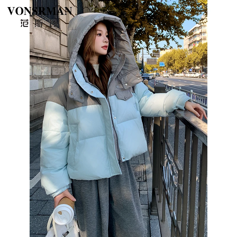 撞色拼接短款连帽羽绒服女冬季2025新款韩系减龄小个子白鸭绒外套