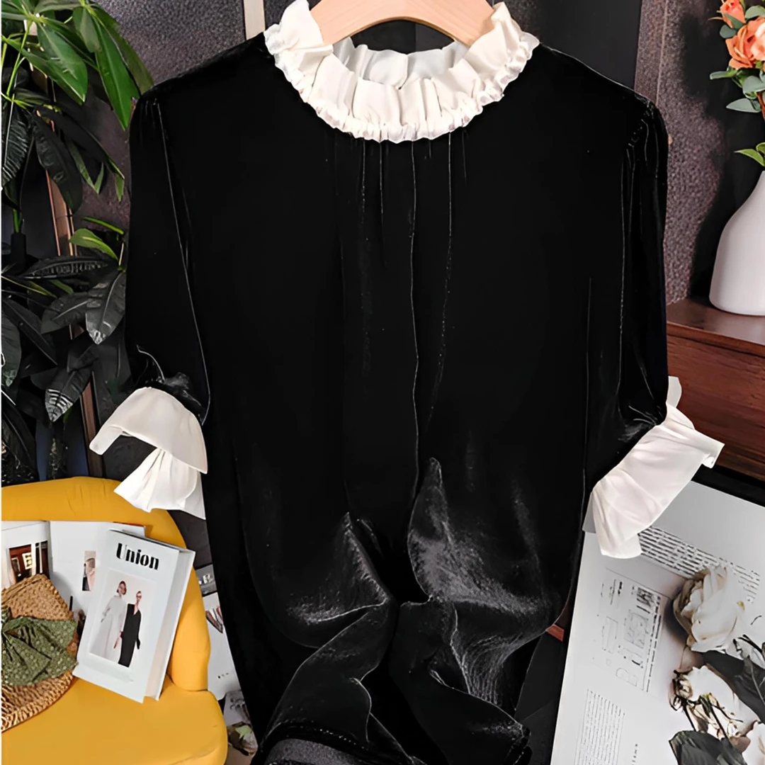 100％桑蚕丝真丝丝绒拼接荷叶花边领法式优雅半袖上衣T247