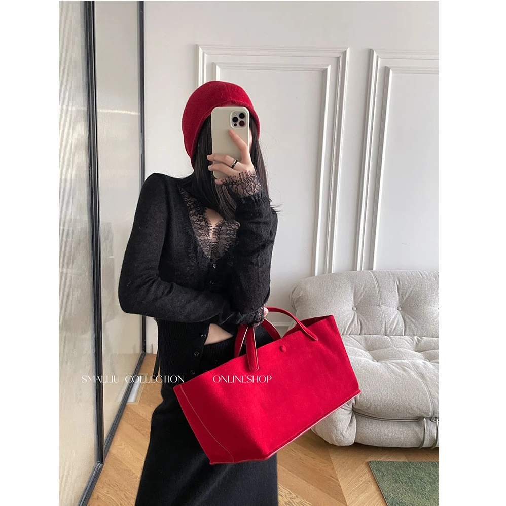 SMALLIU  【黑色/白色】马海毛蕾丝拼接V领打底修身针织开衫