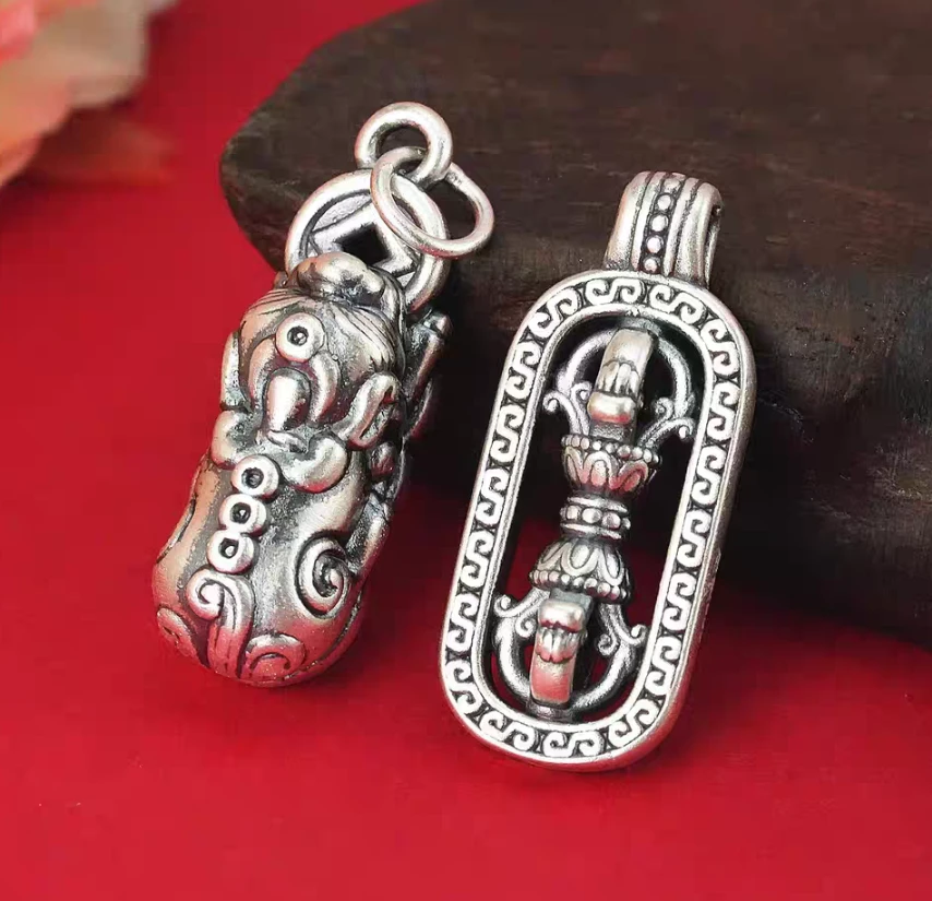 吊坠足银 【佰万银庄】足银999纯银金刚杵吊坠手工复古挂坠做旧