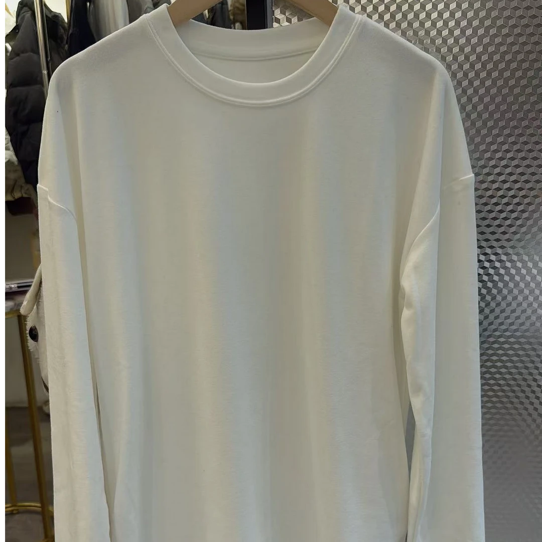 24129白色双面德绒长款打底女装时尚女士圆领洋气套头T恤