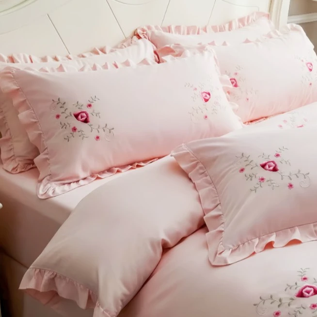 纯棉刺绣公主风枕套一对绣花荷叶边法式韩版不缩水不起球