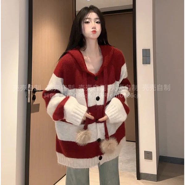 小众炸街高级感女装2025秋新款条纹开衫女学院风穿搭连帽毛衣外套