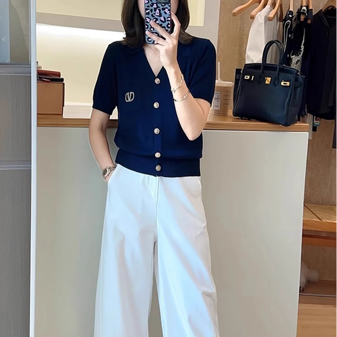 韩系polo领小香风高级感2025夏季女气质百搭显瘦薄款针织T恤上衣