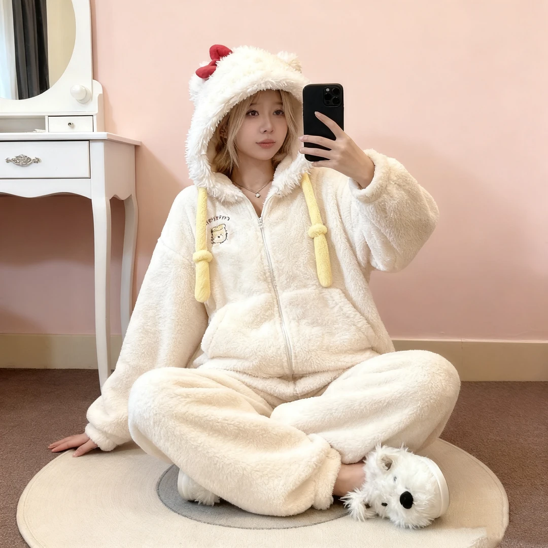 甜美HelloKitty连帽珊瑚绒睡袍女冬季加绒加厚保暖睡衣家居服套装