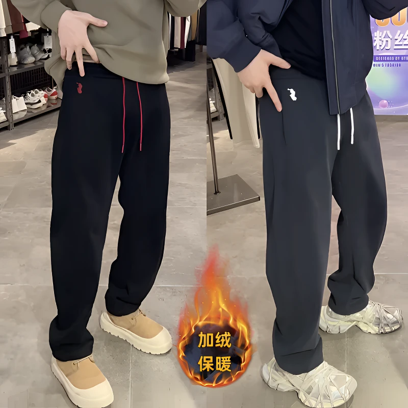 冬季加绒加厚直筒慵懒纯色舒适弯刀裤子裤时尚百搭潮流宽松休闲裤