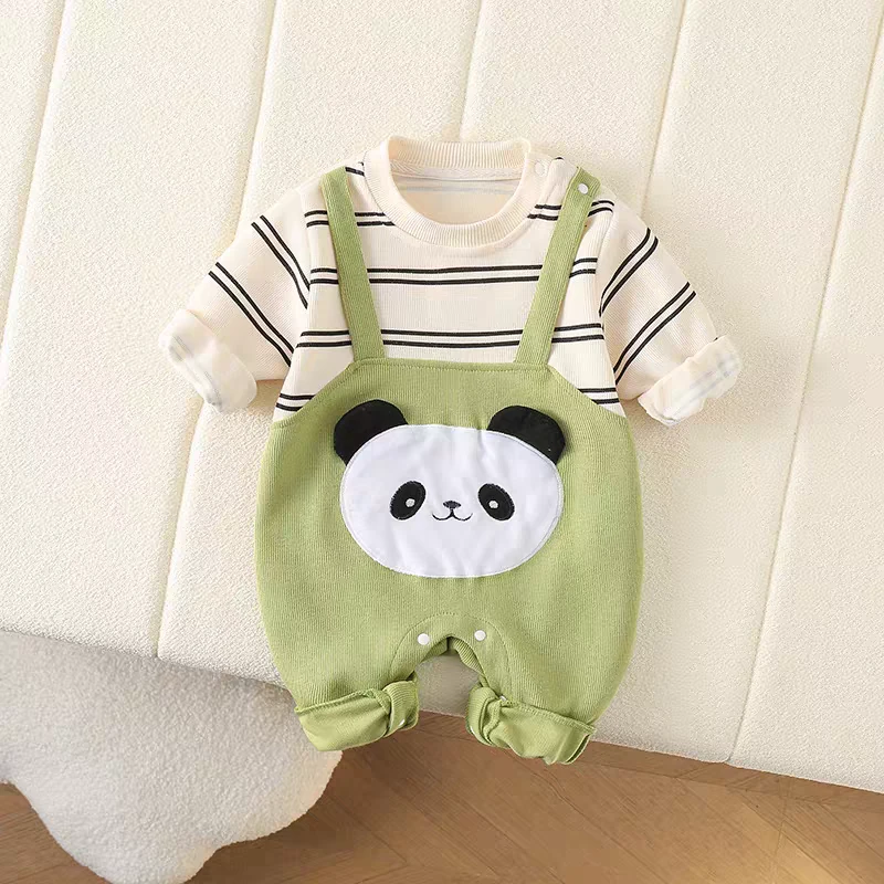 小熊猫条纹假两件长袖春秋款连体衣