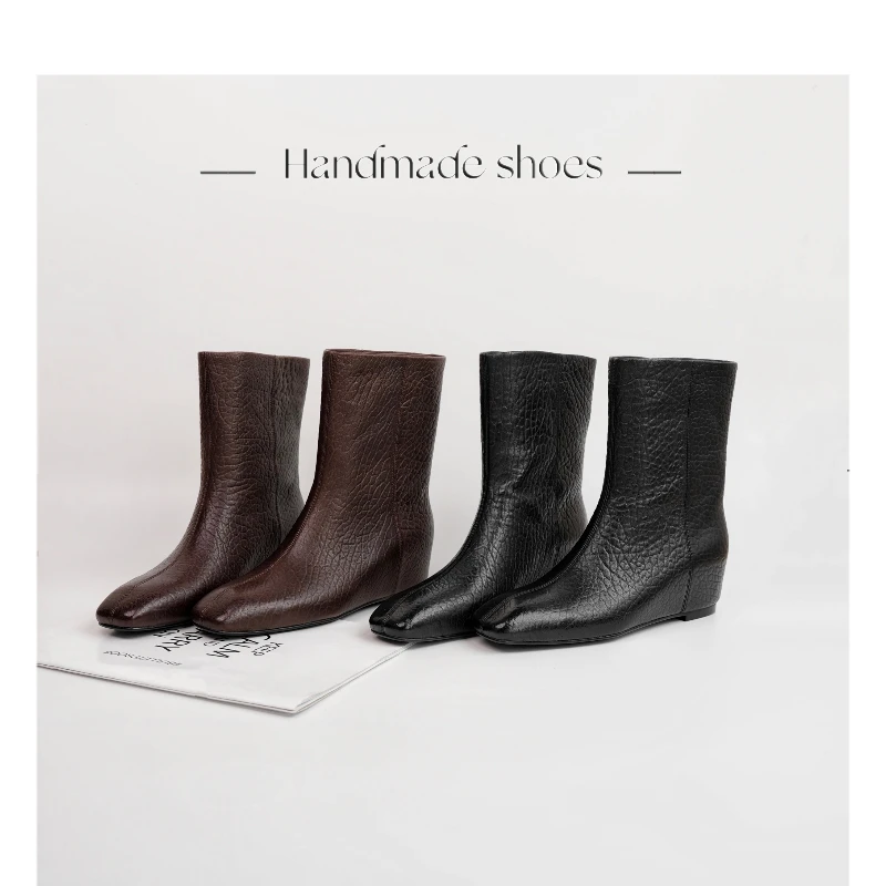 【Dhh】内增高4.5cm•牛皮•方头秋冬新款鳄鱼纹宽松套筒中筒靴坡跟靴