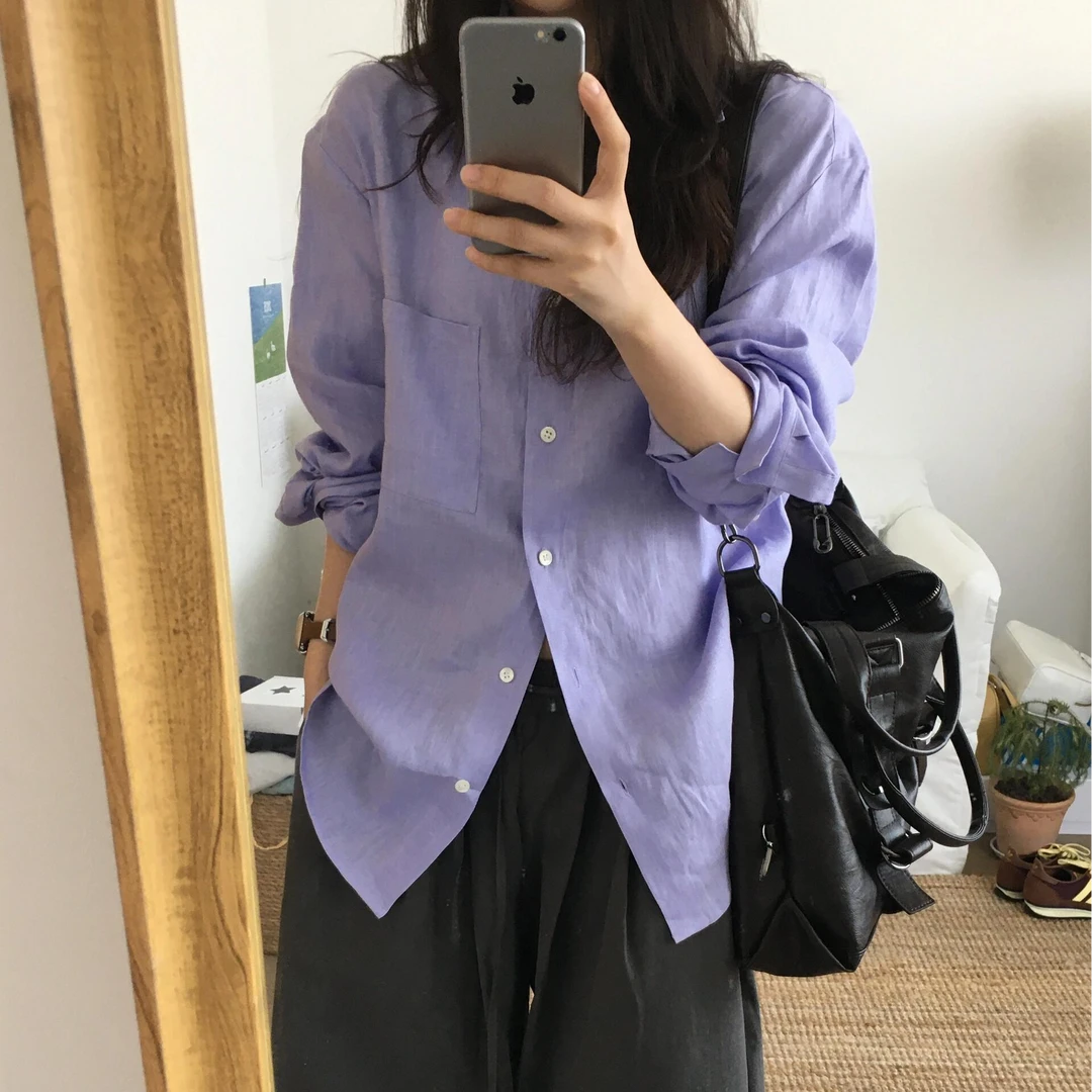 夏季棉麻衬衫香芋紫~温柔知性百搭衬衫 轻薄透气薄款衬衫