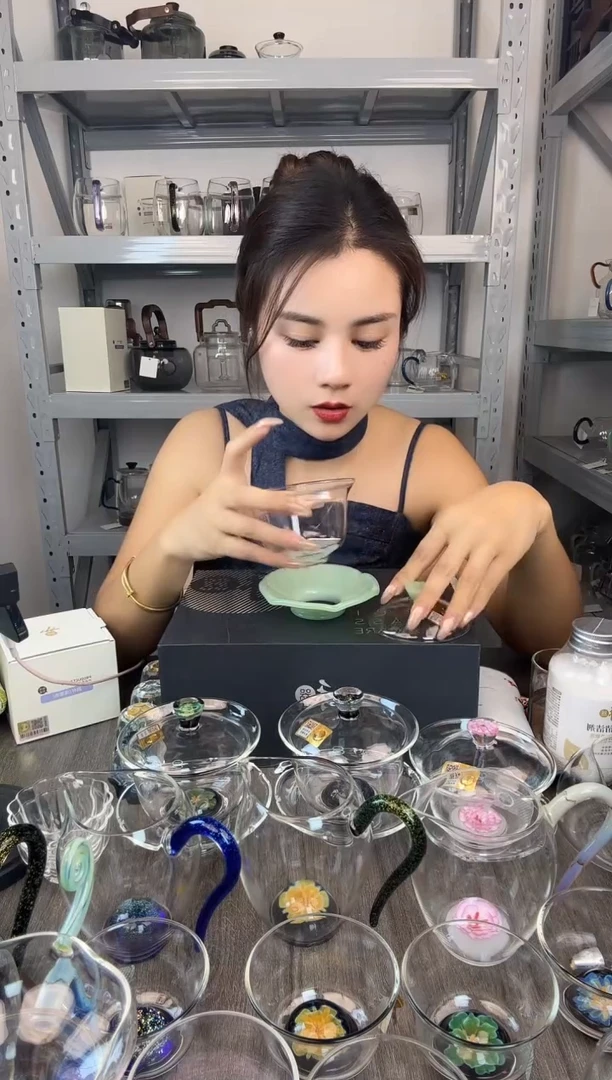 水晶玻璃无盖款禾器  禅语盖碗 浅玉色