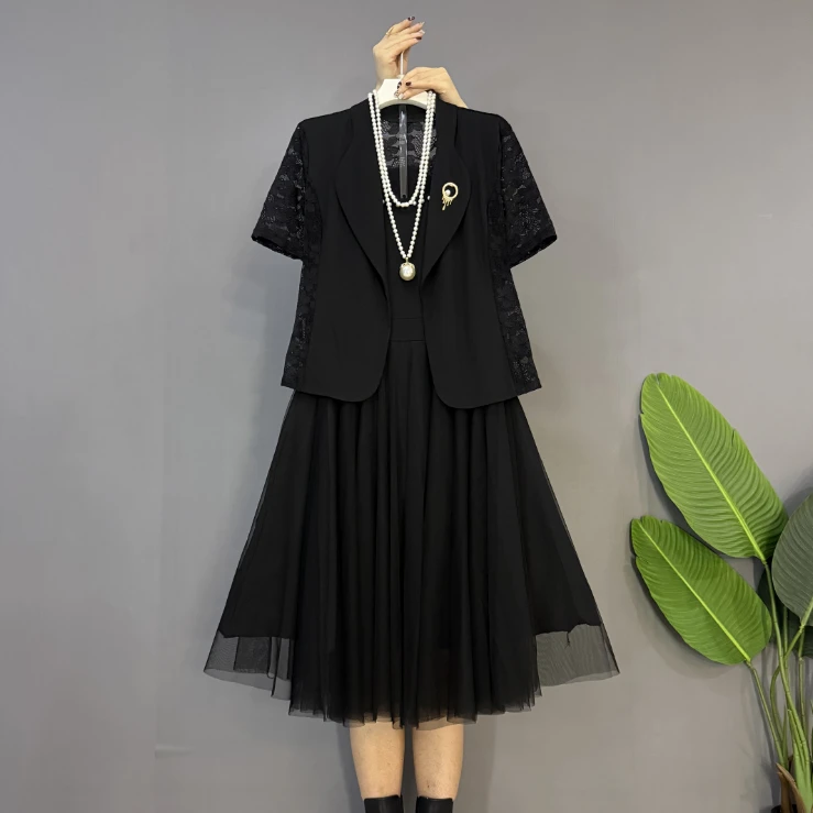 新款大码女装时尚气质蕾丝西服外套十吊带连衣裙两件套
