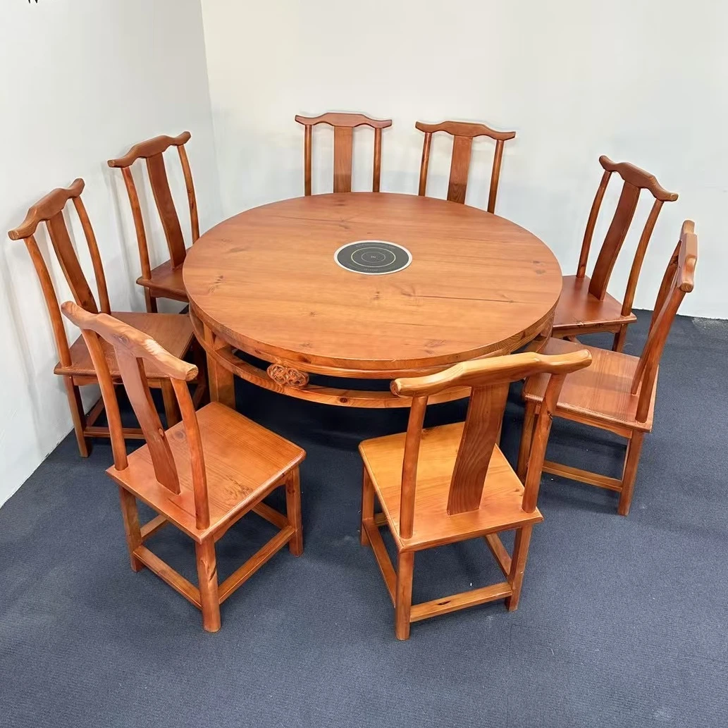 仿复古实木四方八仙桌长板凳餐厅饭店火锅湘菜馆雕花大小圆桌定制