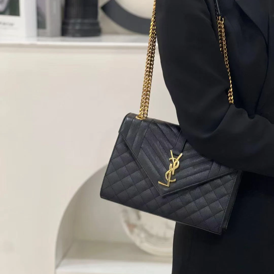 99新 YSL/圣罗兰 ysl 新款信封中号黑金/优品