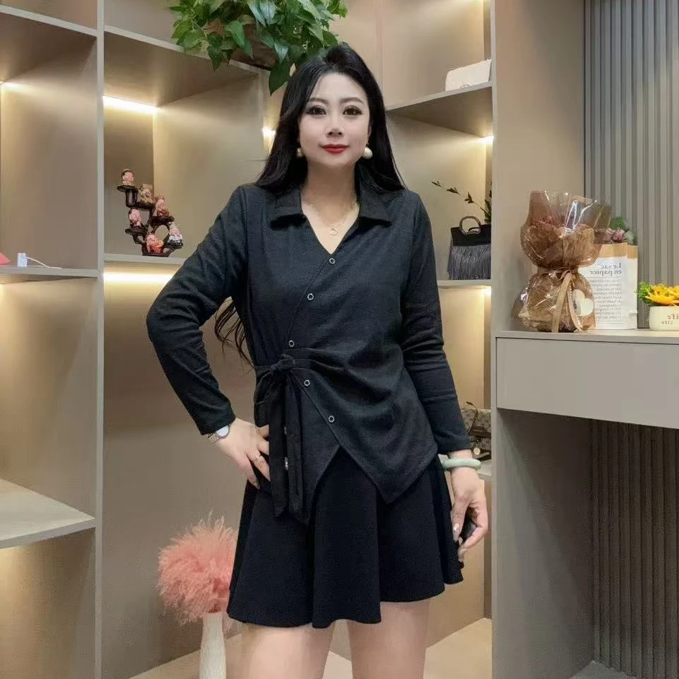 秋季上衣-双 7115秋季时尚大码修身百搭纯欲风潮流单侧绑带上衣