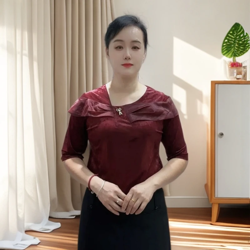 6385韩版丝绒高级感中袖上衣女