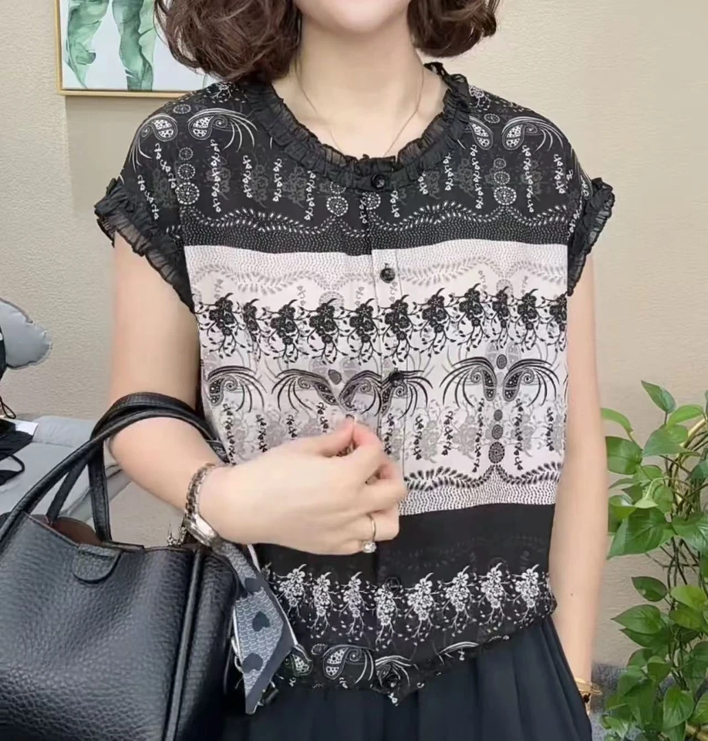 衬衫女短袖2025夏季新款荷叶边高档外穿衬衣遮肚洋气舒适上衣