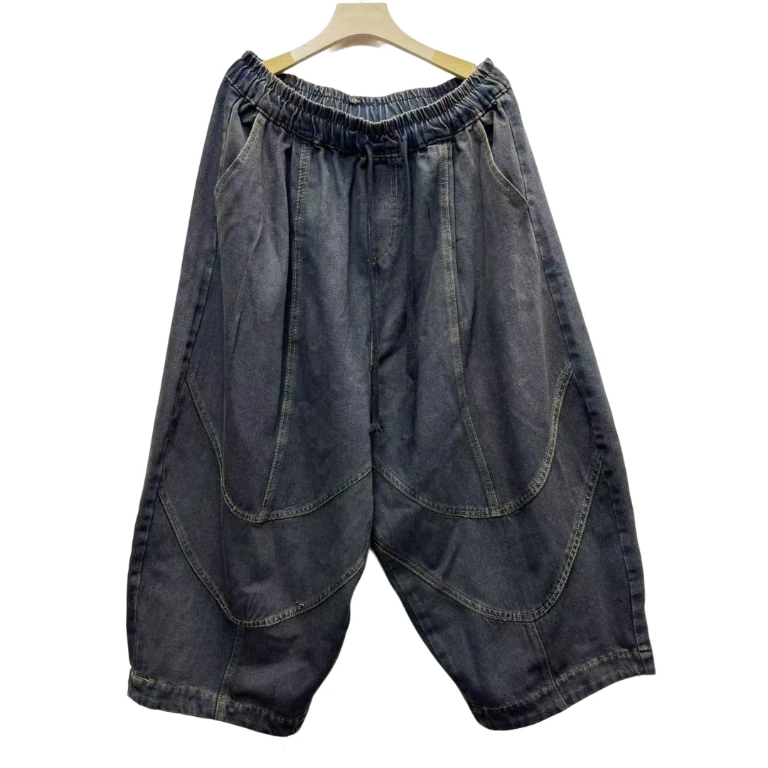 依佳#6611春款复古做旧拼接宽松型牛仔裤（裤长90臀围130左右）