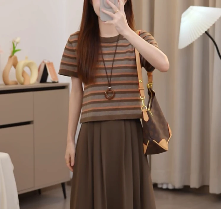 小个子圆领夏季套头款短袖针织条纹T恤显瘦修身