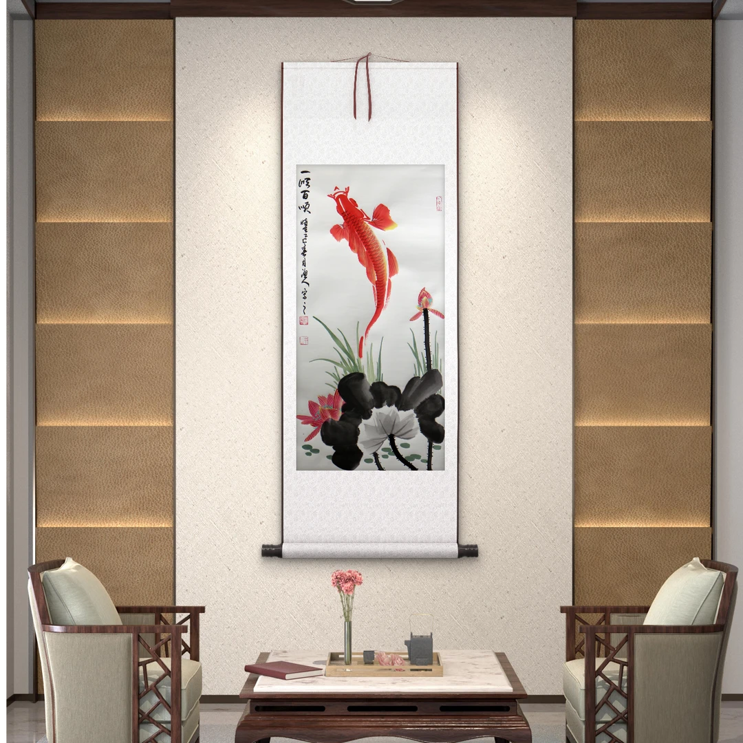 薄林老师原创作品荷花鲤鱼小三尺挂轴-一顺百顺