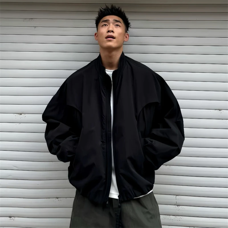 秋季新款美式潮牌拉链防风立领夹克男百搭宽松休闲蝙蝠袖外套上衣