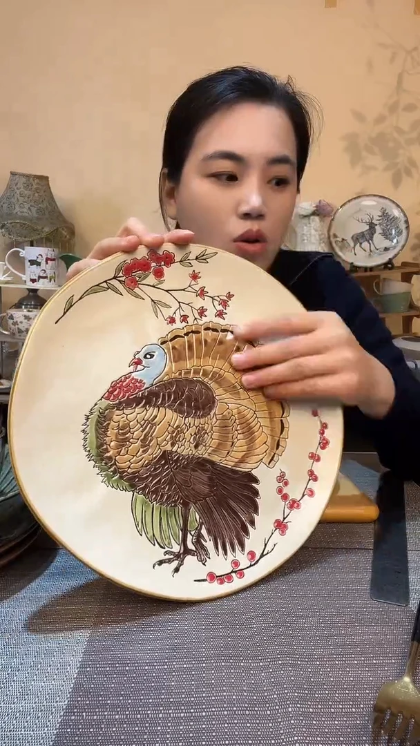 瓷片11英寸异形手绘盘 瑕疵款 介意勿拍