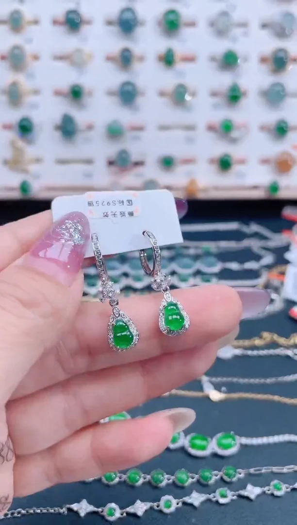 银S925镶嵌翡翠耳饰天然翡翠