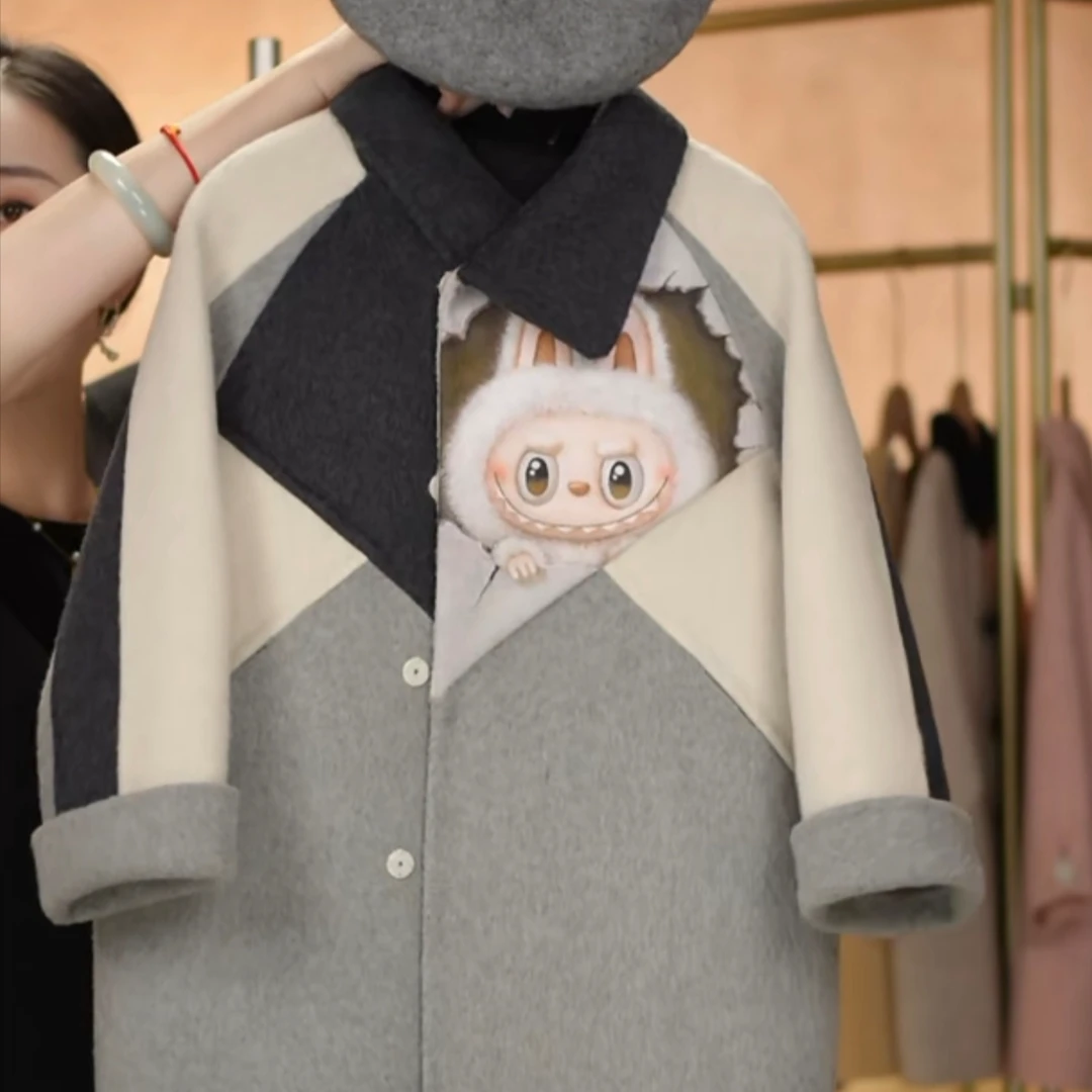 2025秋冬款女童加厚保暖韩版儿童拉布布拼色中长款羊毛呢外套