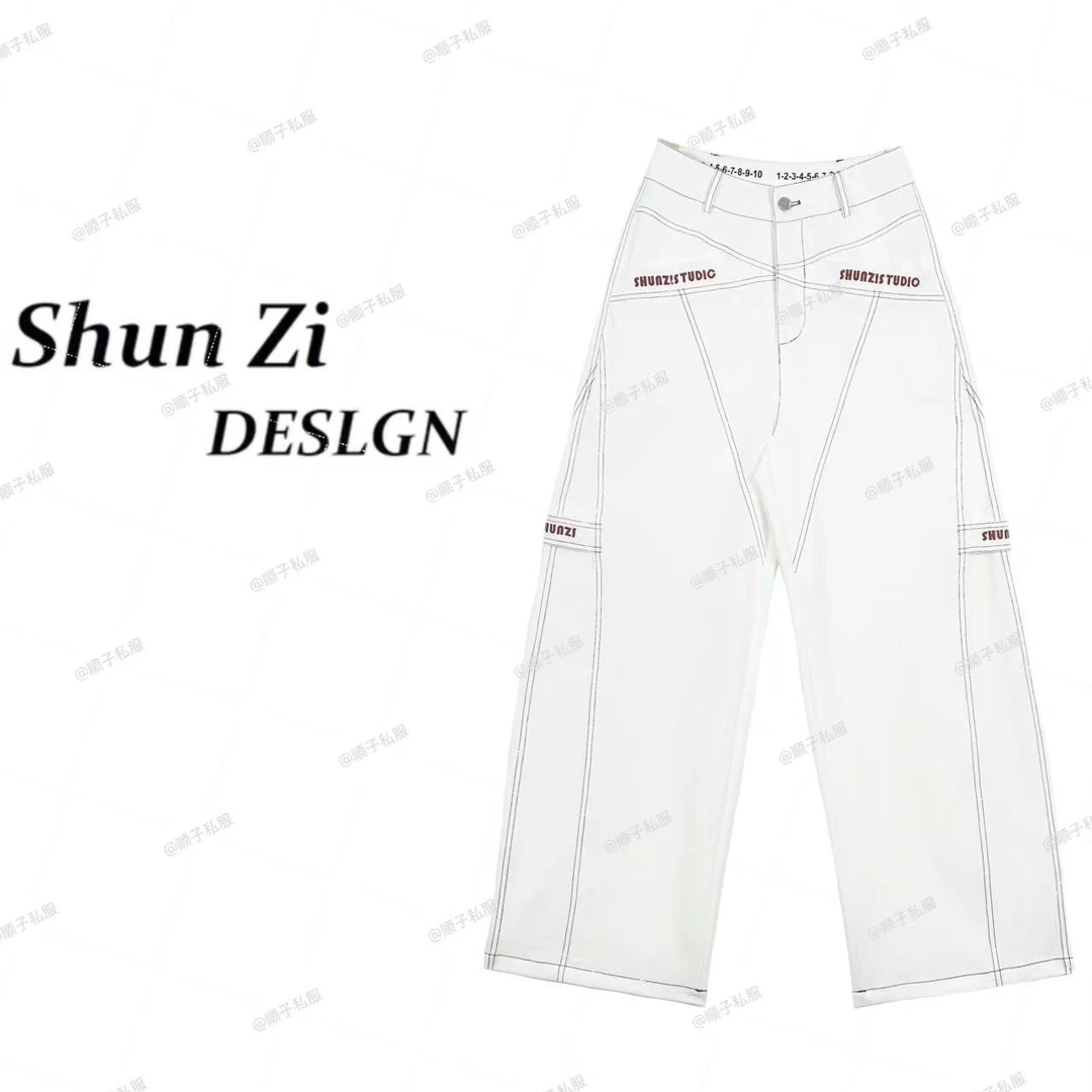 顺子/SZ7102-1 【莱塞尔】纱洗荔枝纹刺绣红logo线条隔断免烫直筒裤