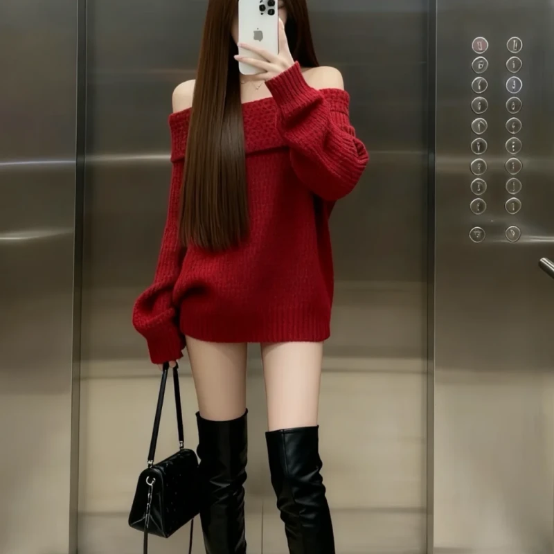 圣诞穿搭一字肩毛衣加厚女2025秋冬新款韩系慵懒风设计感上衣