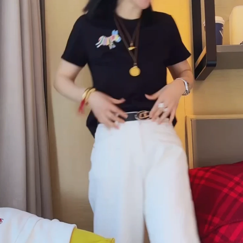 2025春夏新款彩色刺绣小马圆领短袖T恤上衣LK2501385