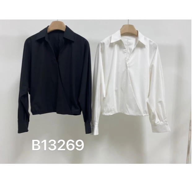 13269黑白两色交叉设计感长袖衬衫
