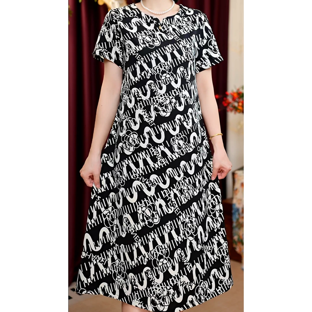 【黑白山茶花】夏季女士连衣裙水滴领短袖时尚中老年妈妈装显瘦宽松