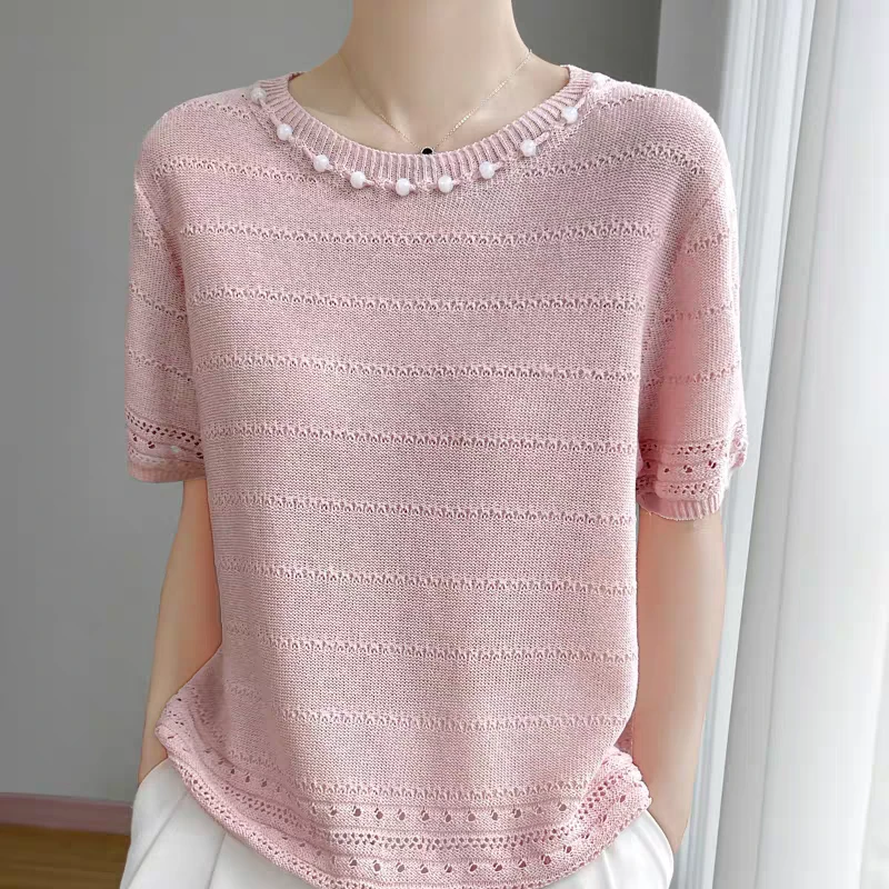 【桑蚕丝和纸纱】手工串珠~重工提花镂空圆领T恤甜美百搭针织短袖
